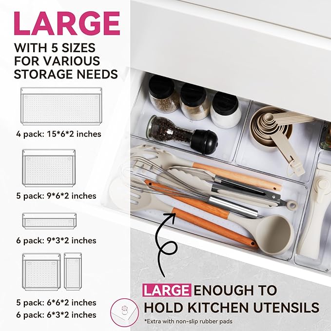 Criusia 26 Pack Large Clear Plastic Drawer Organizer Bins -5 Size Heavy Duty - Image 2