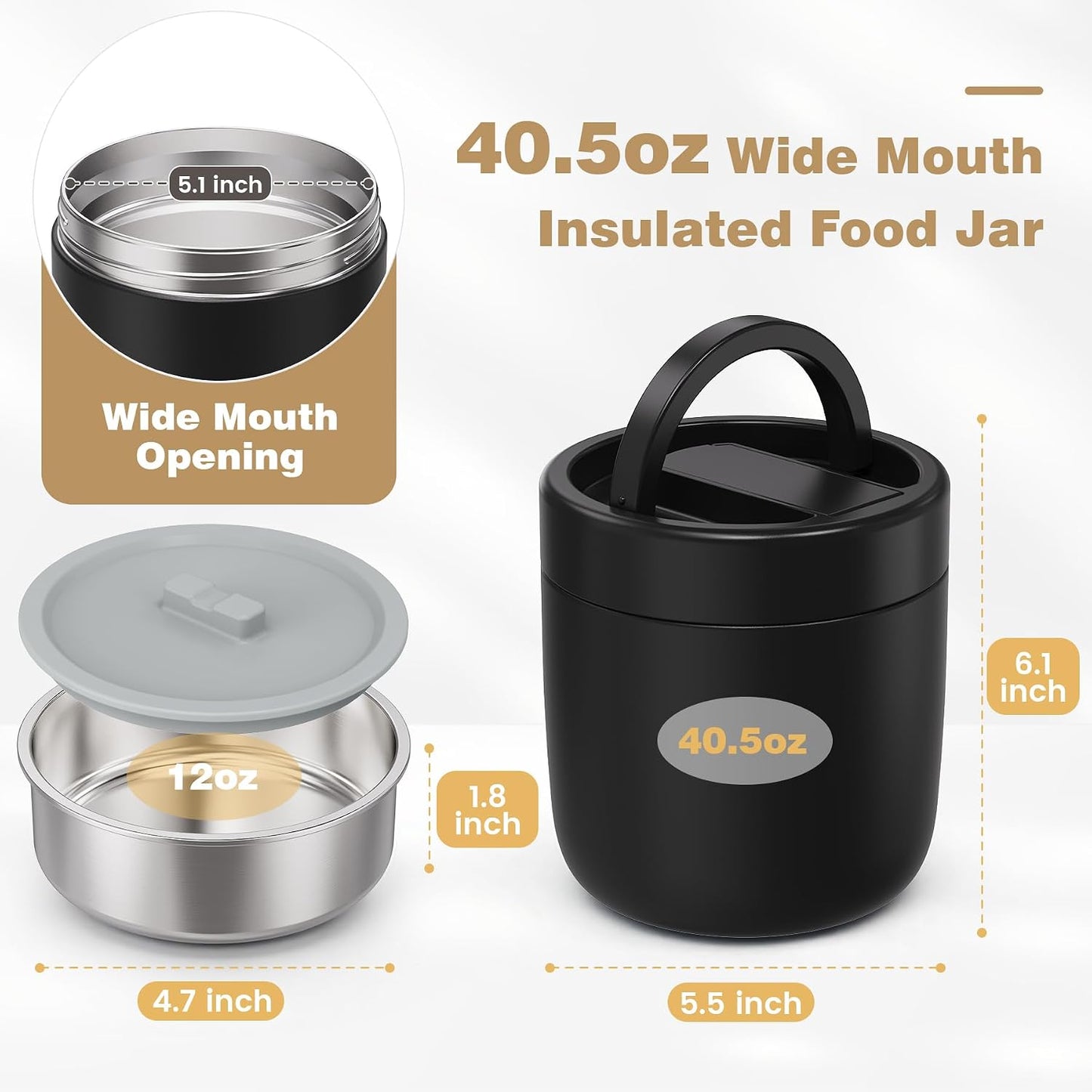 Thermo for Hot Food Adults, 40.5oz Wide Mouth Soup Thermo Lunch Containers with Spoon, Stainless Steel Vacuum Insulated Bento Lunch Box,Lunch Containers with Handle(Black)