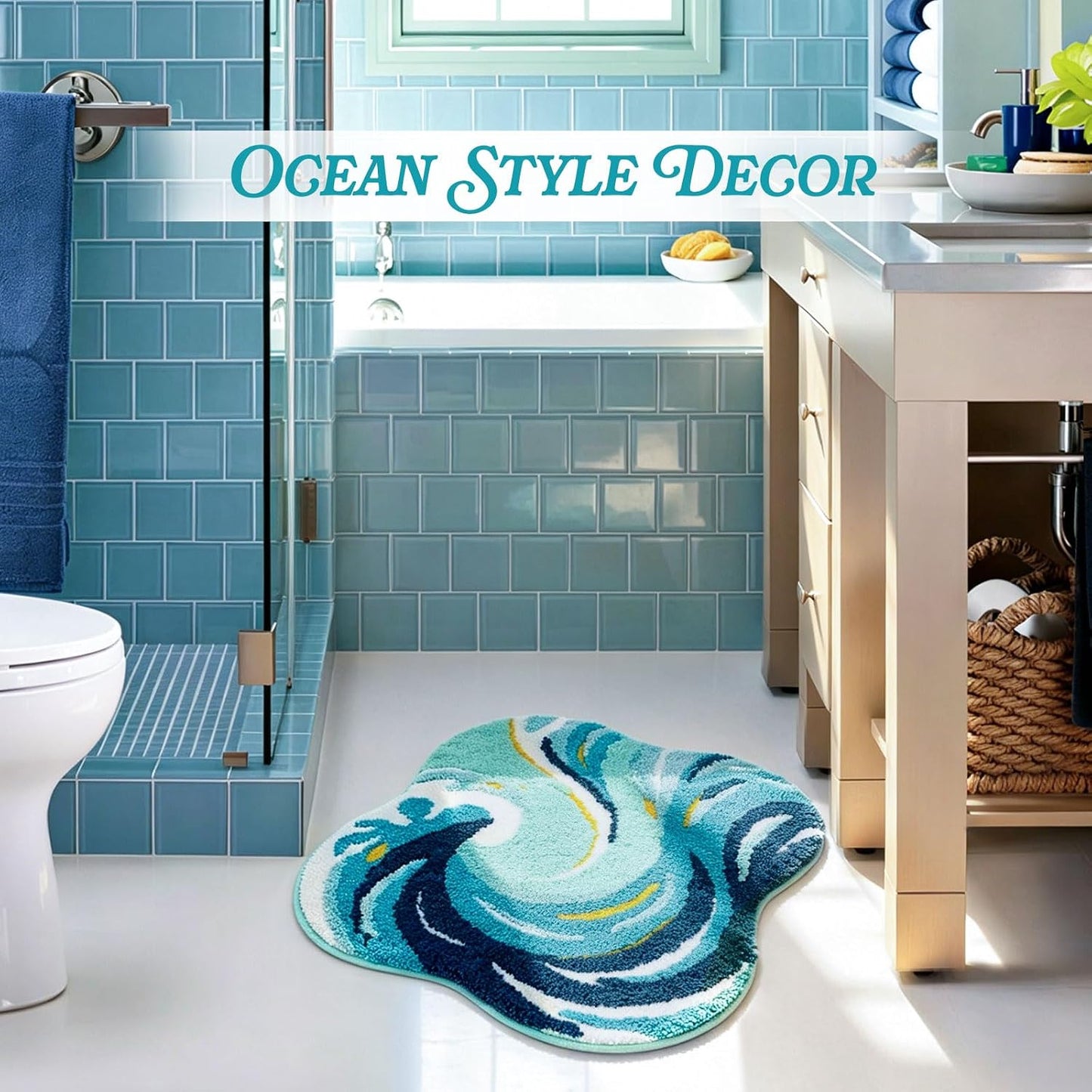 Percozzi Ocean Wave Bath Rug 32 x 20 Inch, Coastal Tufted Bathroom Mat with Non-Slip TPR Backing, Soft Plush Absorbent Machine Washable Bath Rug, Beach House Ocean Decor Rug for Bathroom Bedroom