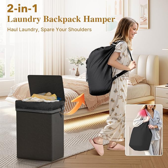 60L 2-in-1 Laundry Hamper with Laundry Backpack, Waterproof Basket with Lid - Image 2