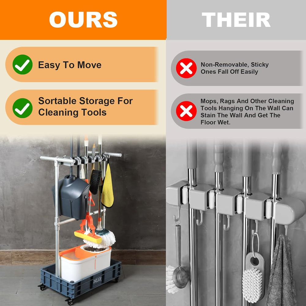 Mobile Mop and Broom Holder，Efficient Storage Solution for Cleaning Tools Kee...