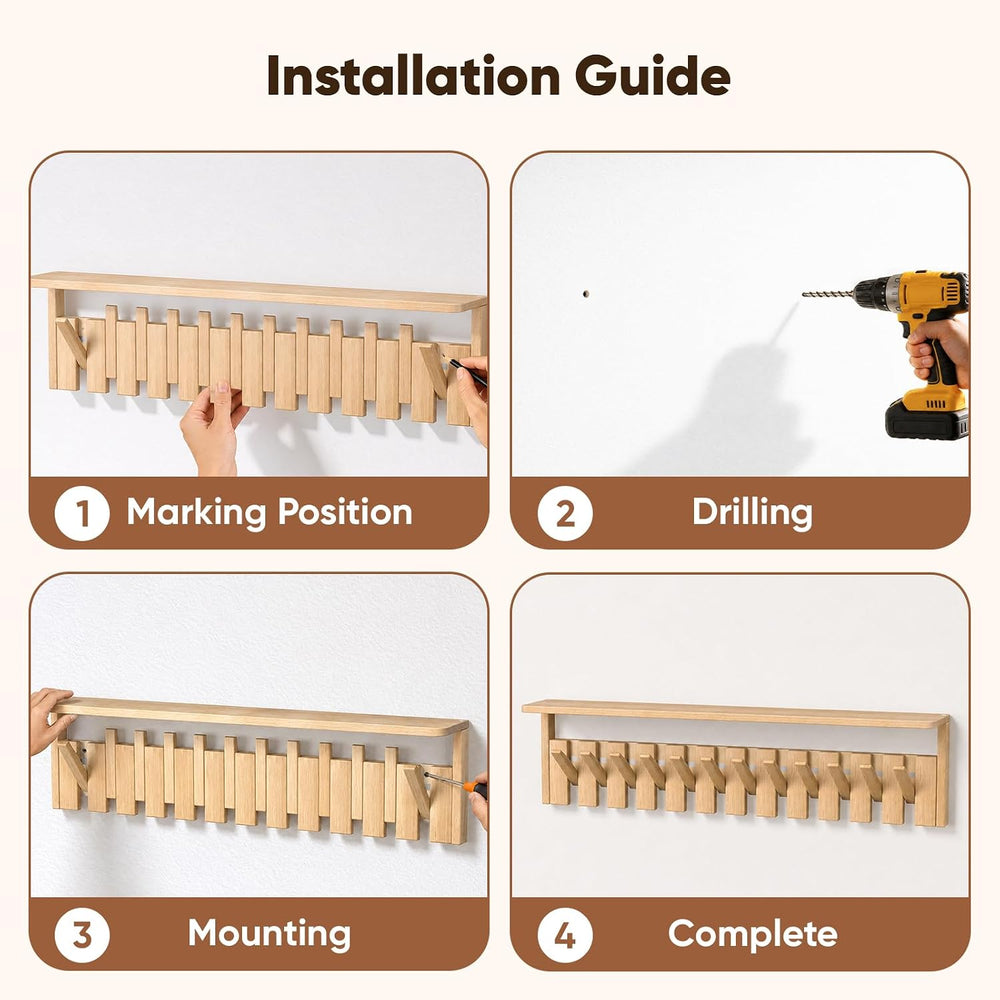 Wall Mounted Coat Rack with Shelf, 12 Flip-Down Hooks, Natural