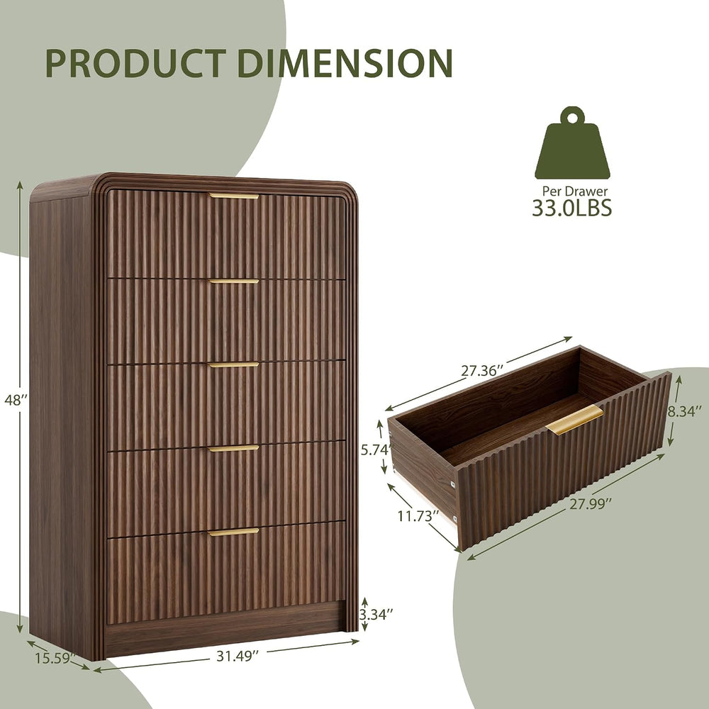 Decofy Fluted 5 Drawers Dresser, 48" Tall Chest of Drawers for Bedroom