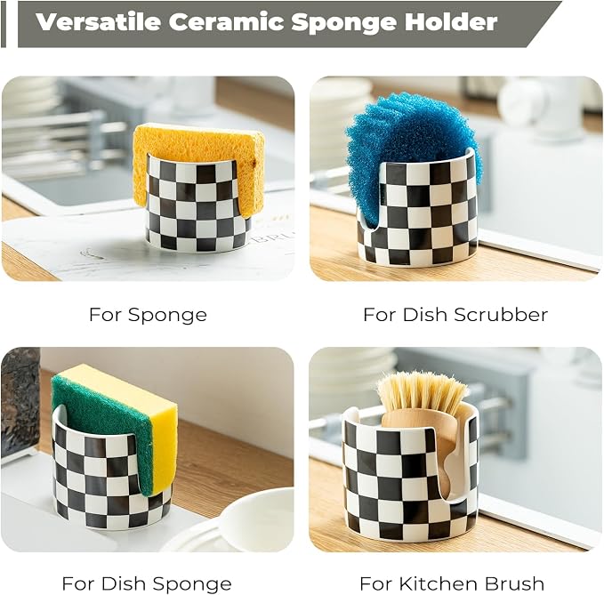 Checkered Kitchen Sink Sponge Holder, Dish Sponge Rack Ceramic Brush Holder - Image 4