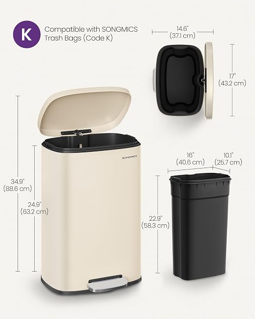 SONGMICS 13 Gallon Trash Can, Stainless Steel Kitchen Garbage Can, Recycling or - Image 6
