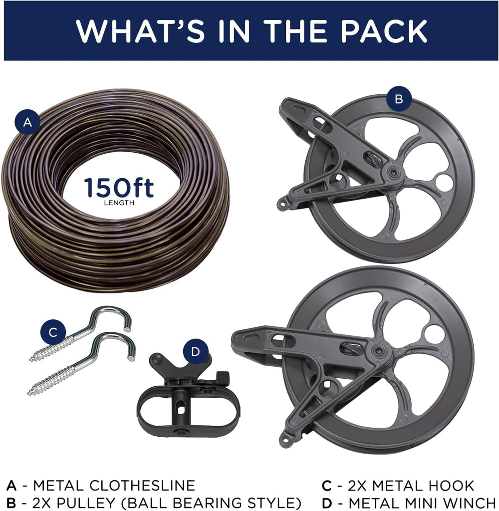 STRATA Heavy-Duty Clothesline Kit, 150 ft Steel Cable, Urban Grey