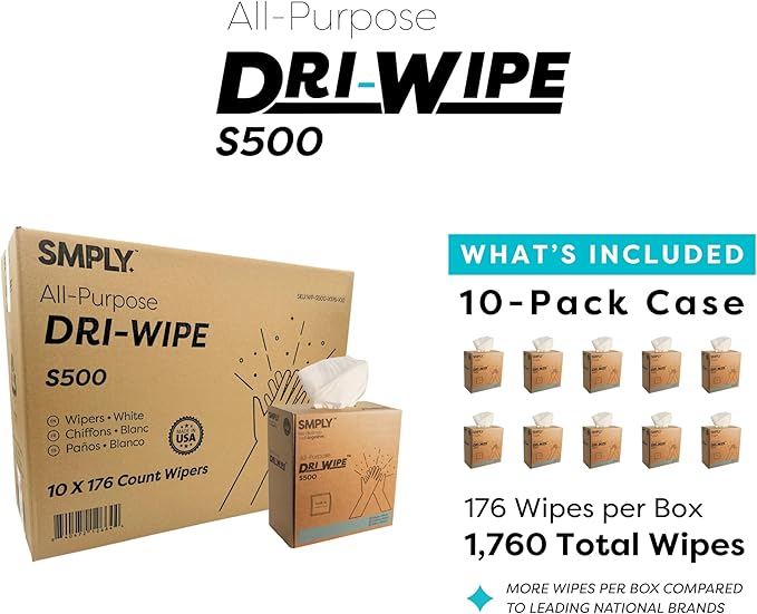 Dri-Wipe S500 by SMPLY Brands – All-Purpose Disposable Wipes, 10 Boxes of 176 - Image 3