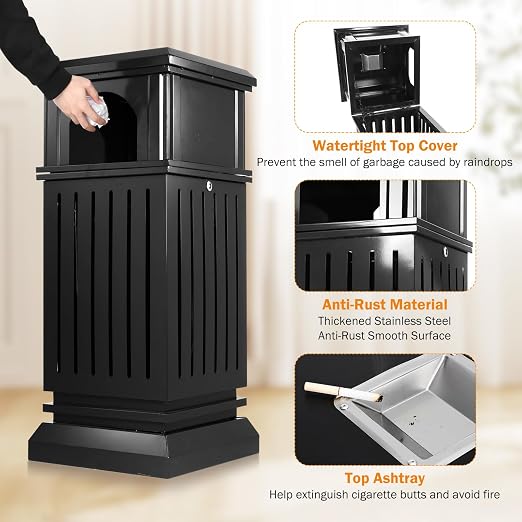 BEAMNOVA Trash Can Outdoor Top Tray Black Stainless Steel Commercial Garbage - Image 4