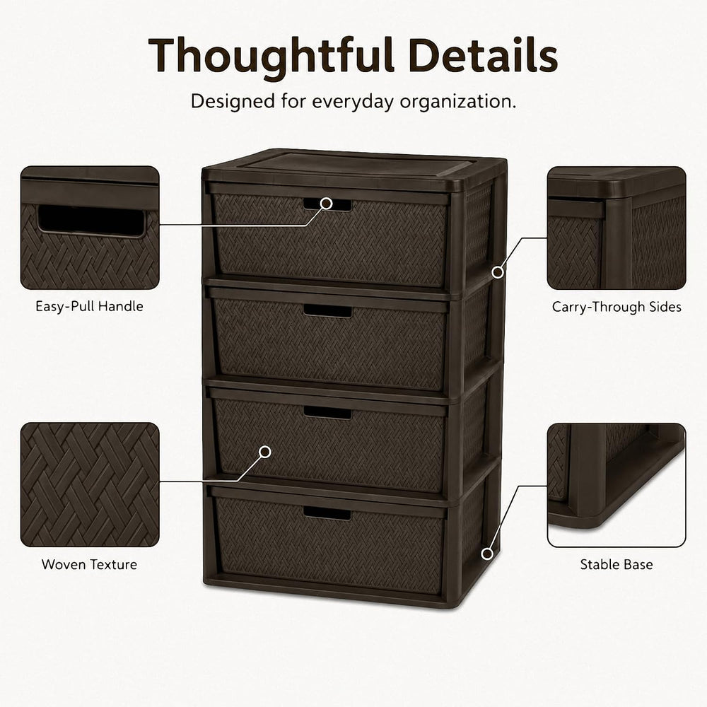 4-Drawer Plastic Storage Tower, Wide Bedroom Closet Storage Chest, Brown