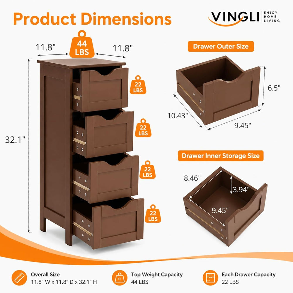 VINGLI 4-Drawer Bathroom Storage Cabinet, Slim Freestanding Floor Cabinet Org...