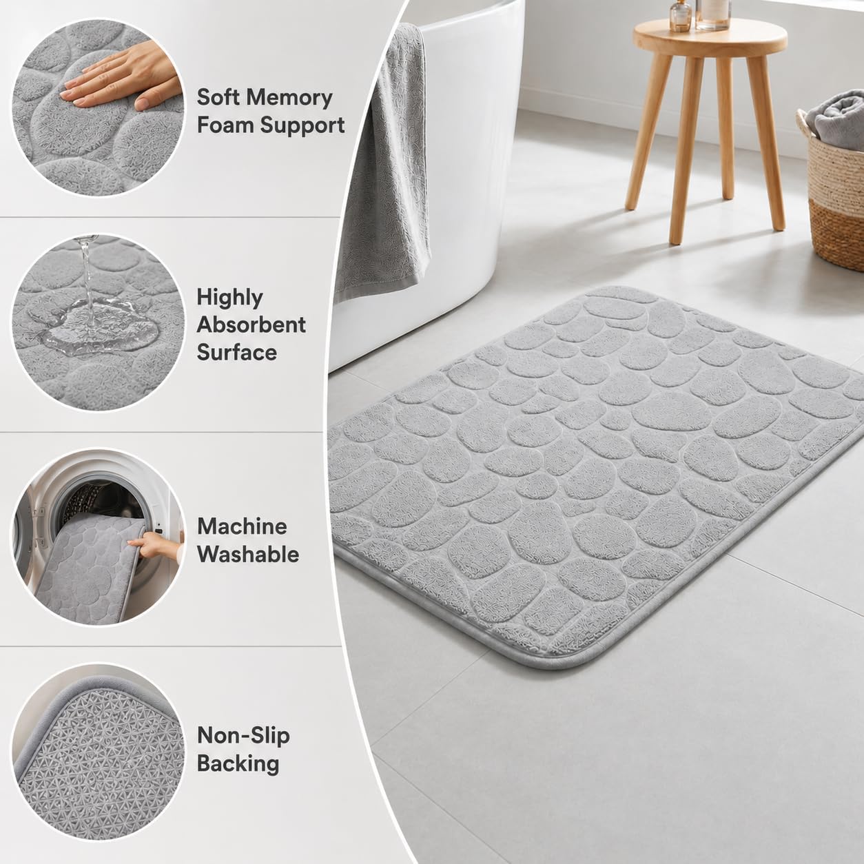 Non Slip Water Absorbent Bath Rug, 23.6" x 15.75" Soft and Comfortable Cobblestone Bathroom Rugs, Memory Foam Shower Bath Mat for Bathroom and Kitchen, Gray