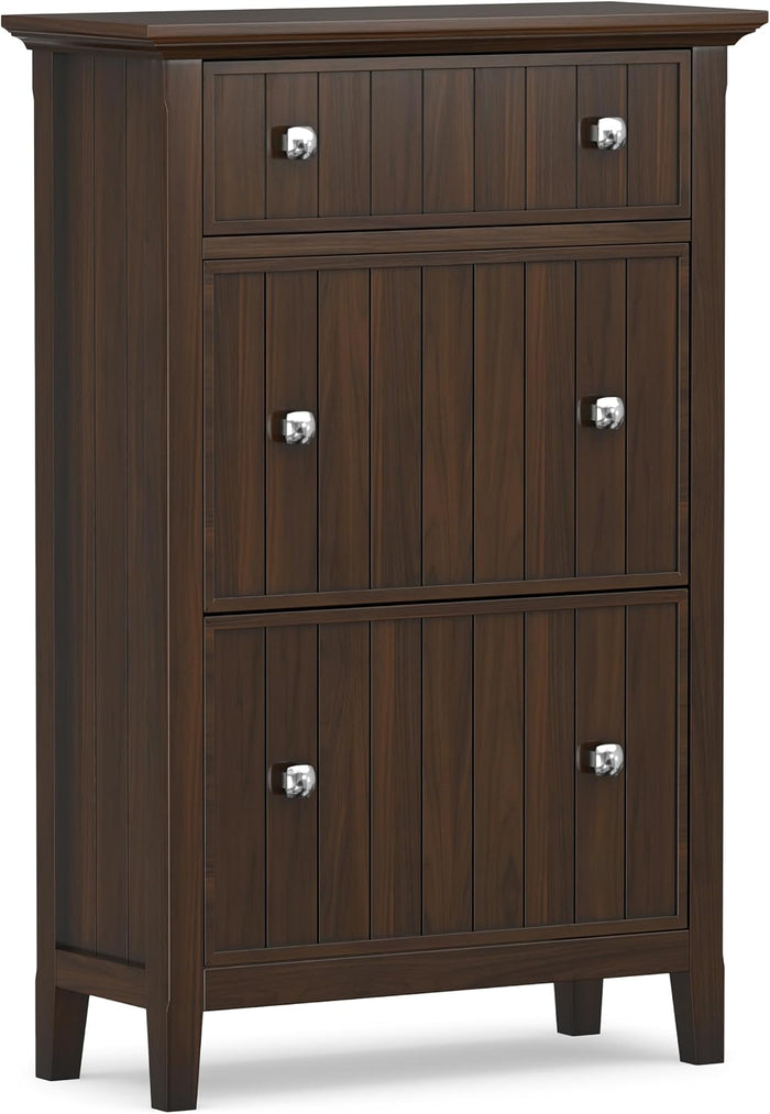 SIMPLIHOME Acadian 32" Wide Solid Wood Shoe Cabinet in Brunette Brown