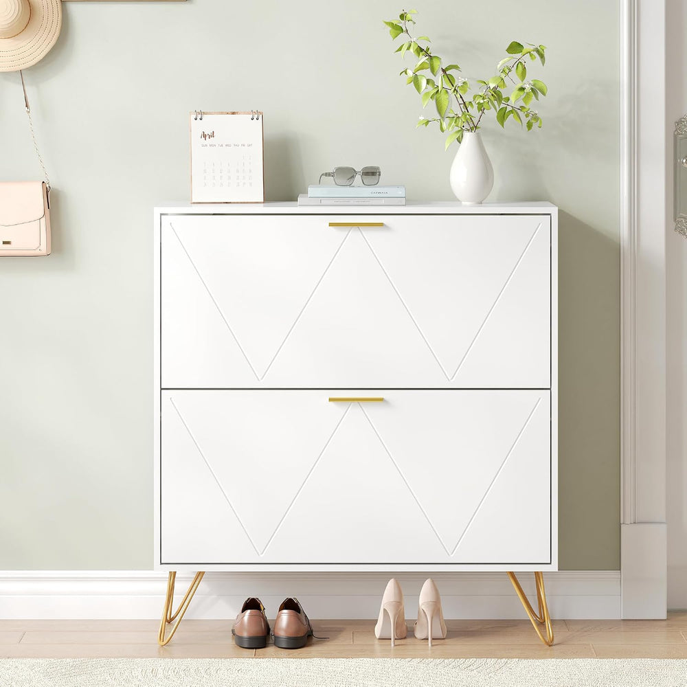 Shoe Storage Cabinet with 2 Striped Flip Drawers and Metal Legs, White丨Modern...