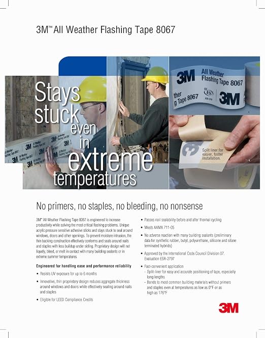 3M All Weather Flashing Tape 8067, 6 in x 75 ft, 1 Roll, Adhesive Backed Split - Image 9