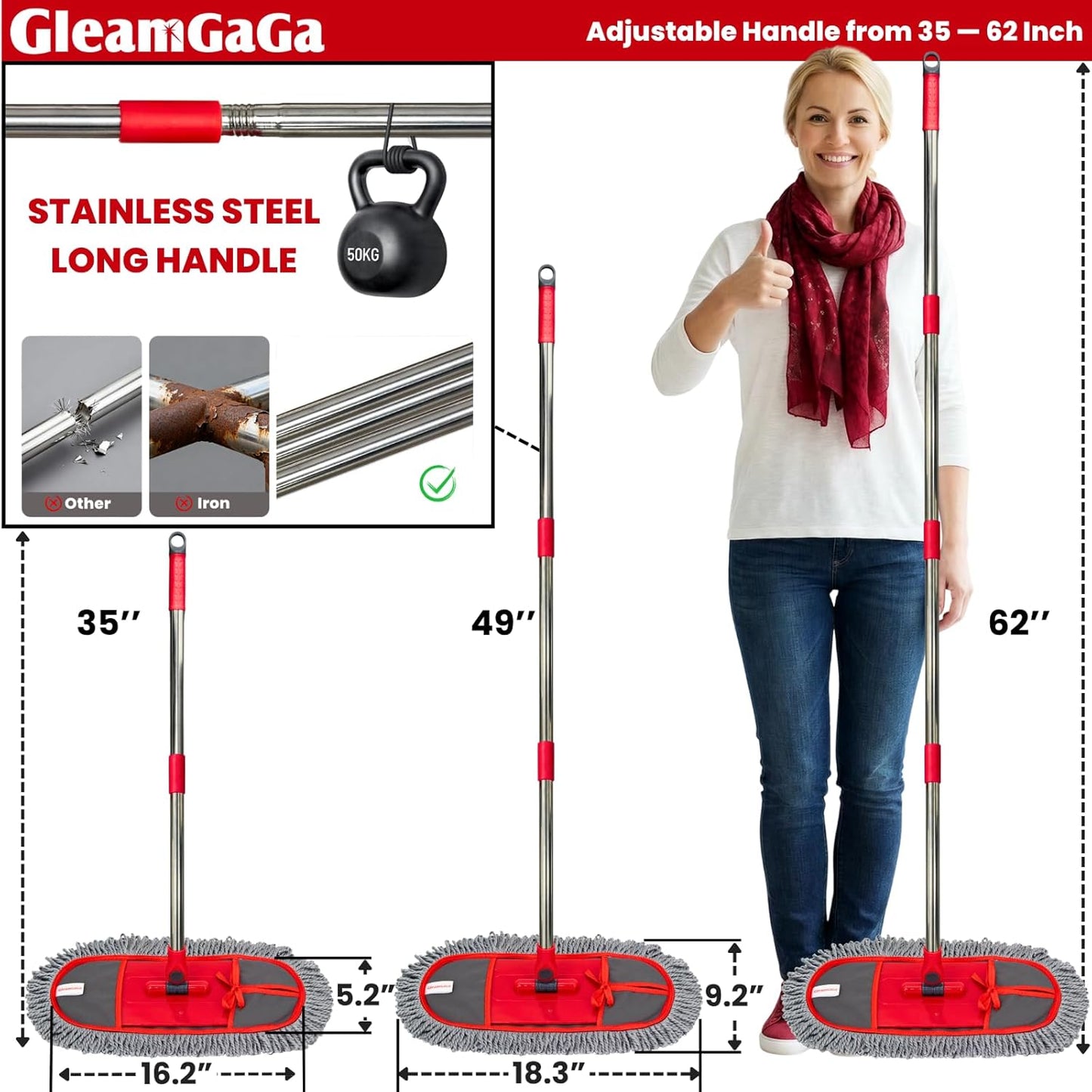Wide Dust Mop for Floor Cleaning with 3 Washable Pads, 14.4” × 5.1” Flat Mop Head, 62” Stainless Steel Handle, Lightweight Multi-Surface Mop for Hardwood, Marble & Tile