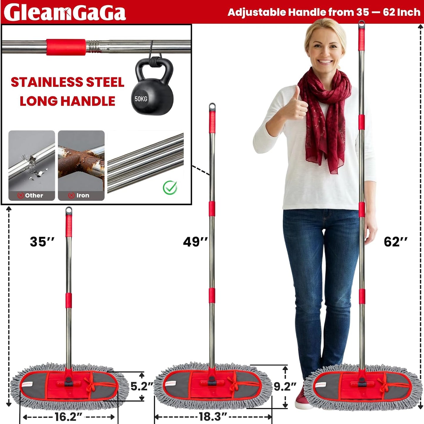 Wide Dust Mop for Floor Cleaning with 3 Washable Pads, 14.4” × 5.1” Flat Mop Head, 62” Stainless Steel Handle, Lightweight Multi-Surface Mop for Hardwood, Marble & Tile
