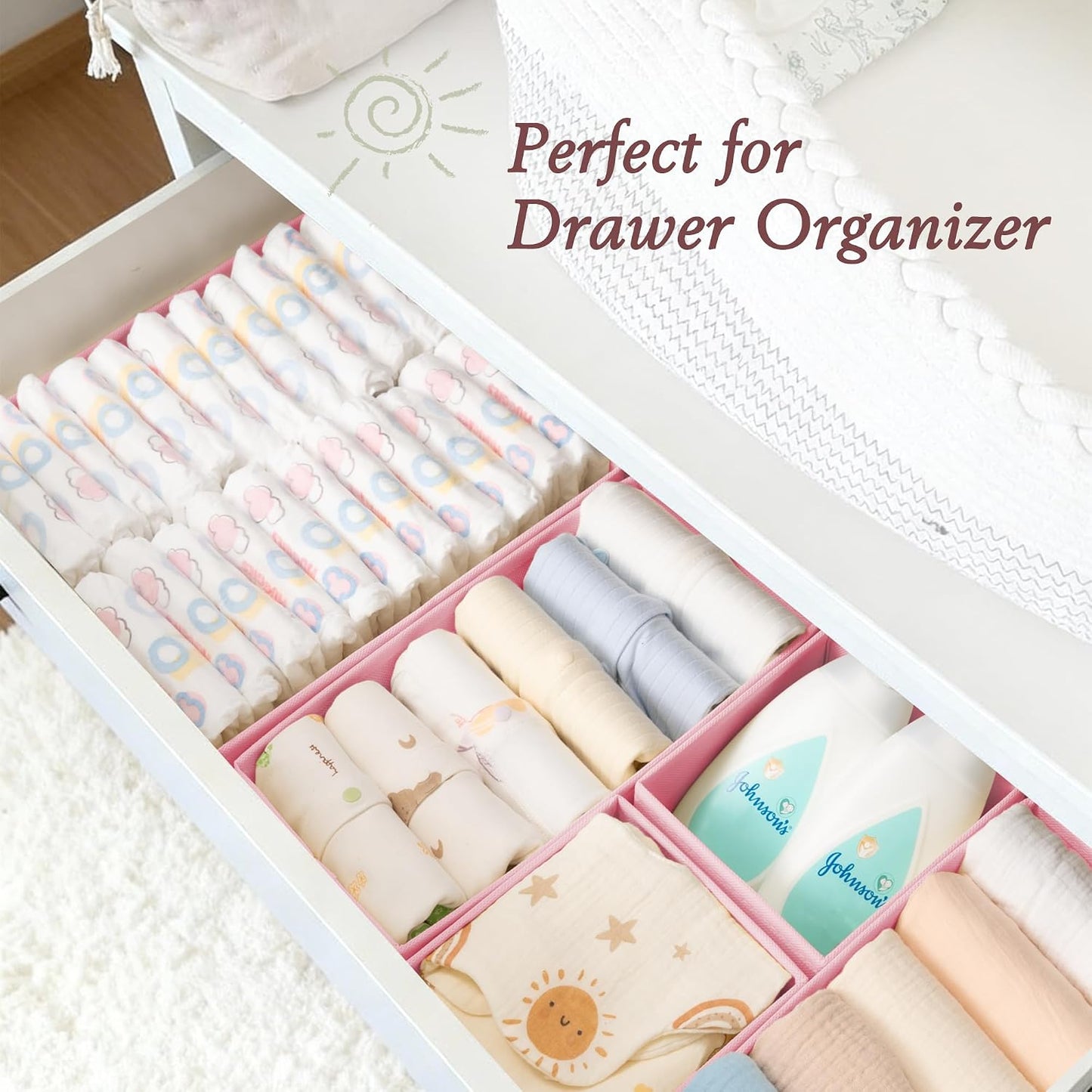 Drawer Organizer 18-Piece Set, Dresser Organizer for Baby Clothes, Foldable Closet Storage & Drawer Dividers for Underwear, Socks, Nursery (Pink)