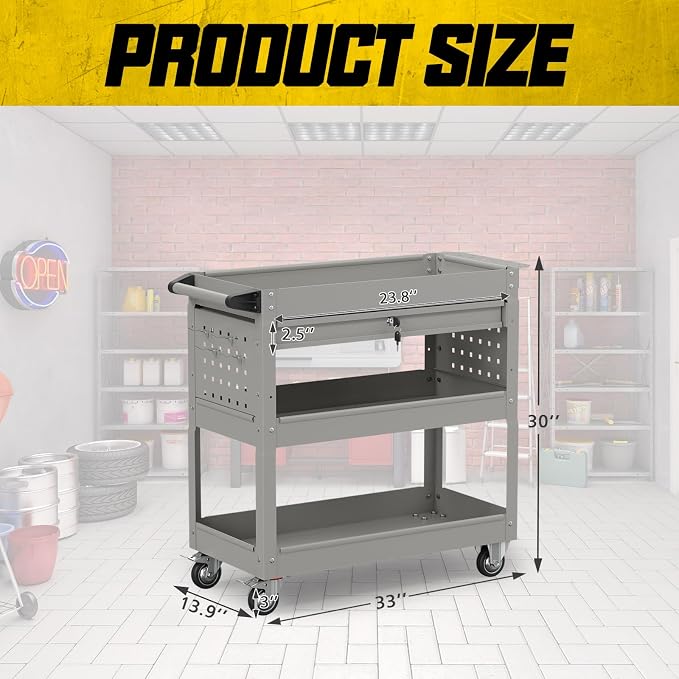 3 Tier Rolling Tool Cart with Drawers, 450 LBS Capacity Tool Cart on Wheels - Image 6