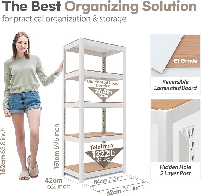 HOMEDANT House 5 Tier 24.4" W Laminated Metal Shelving Unit Adjustable Storage - Image 2