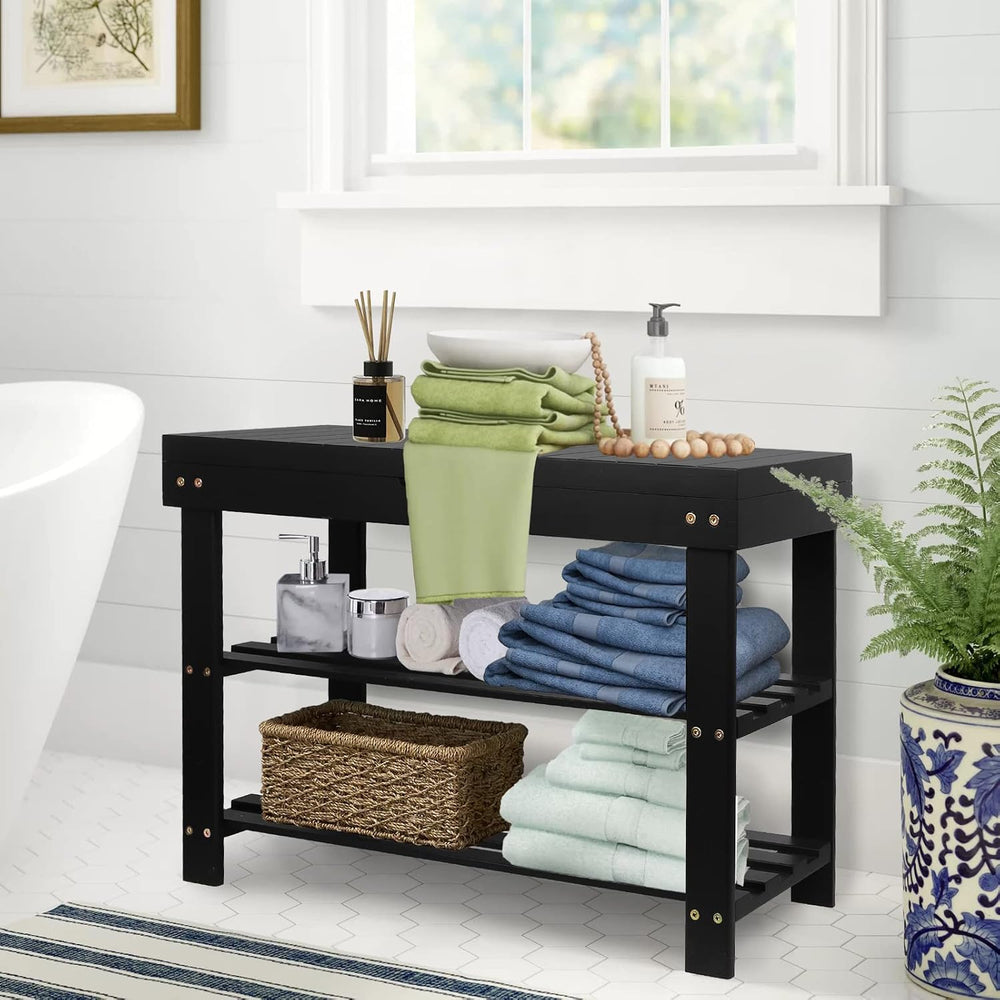 3-Tier Bamboo Shoe Rack Bench, Entryway Bench with Storage Drawer, Black