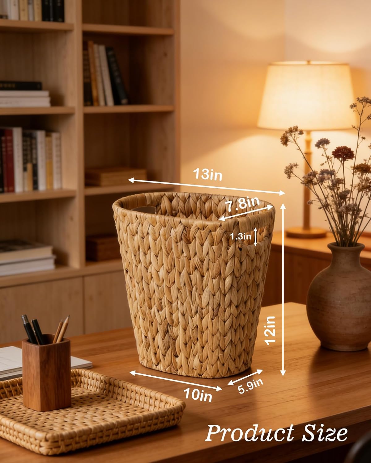 2-Pack Slim Water Hyacinth Trash Can Wicker Waste Basket with Handles | Handwoven water hyacinth over an iron frame with wood handles. Slim oval shape fits bathrooms & offices. Rustic boho decor