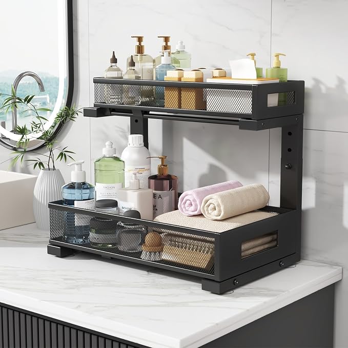 2-Pack Under Sink Storage Organizer, Large 2-Tier Elegant Mesh Pull Out Shelf