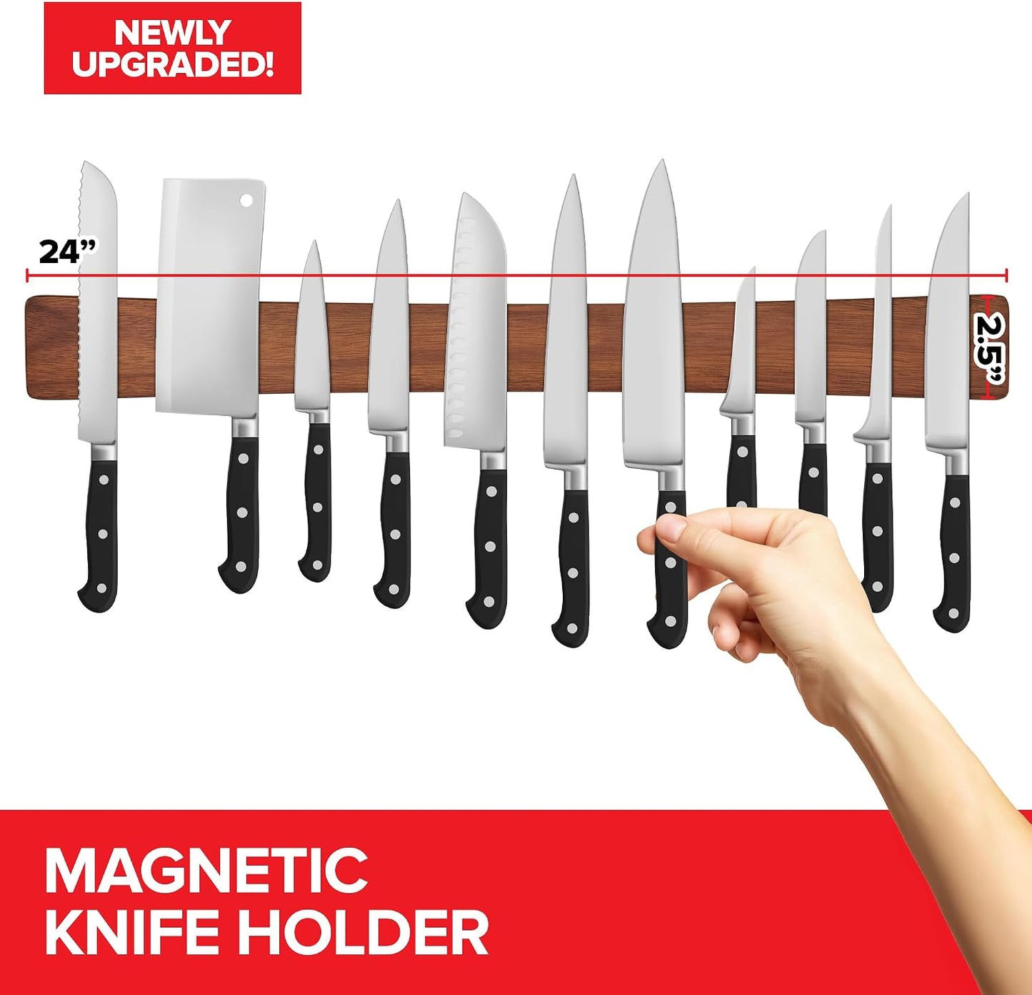 24 Inch Acacia Wood Magnetic Knife Holder with Multipurpose Use, Magnetic Knife Holders for Kitchen, Wooden Knife Rack, Magnet Strips for Knives & Metal Utensils, Tool Holder, Art Supply Organizer