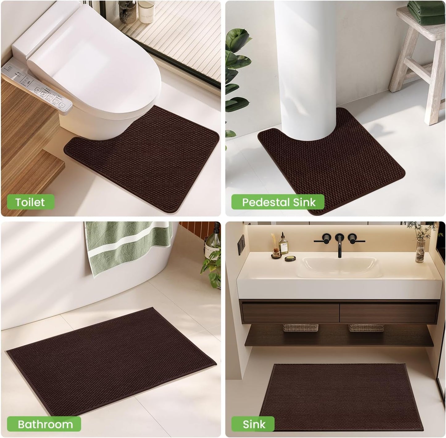 TYUU Bathroom Rugs Sets 3 Piece, Non Slip & Washable Bath Mat Set, Super Absorbent Quick Dry Bathroom Mat Set, Soft Low Pile for Toilet, Sink & Tub, 16"x24", 20"x30" & 20"x24" U Shape, Brown