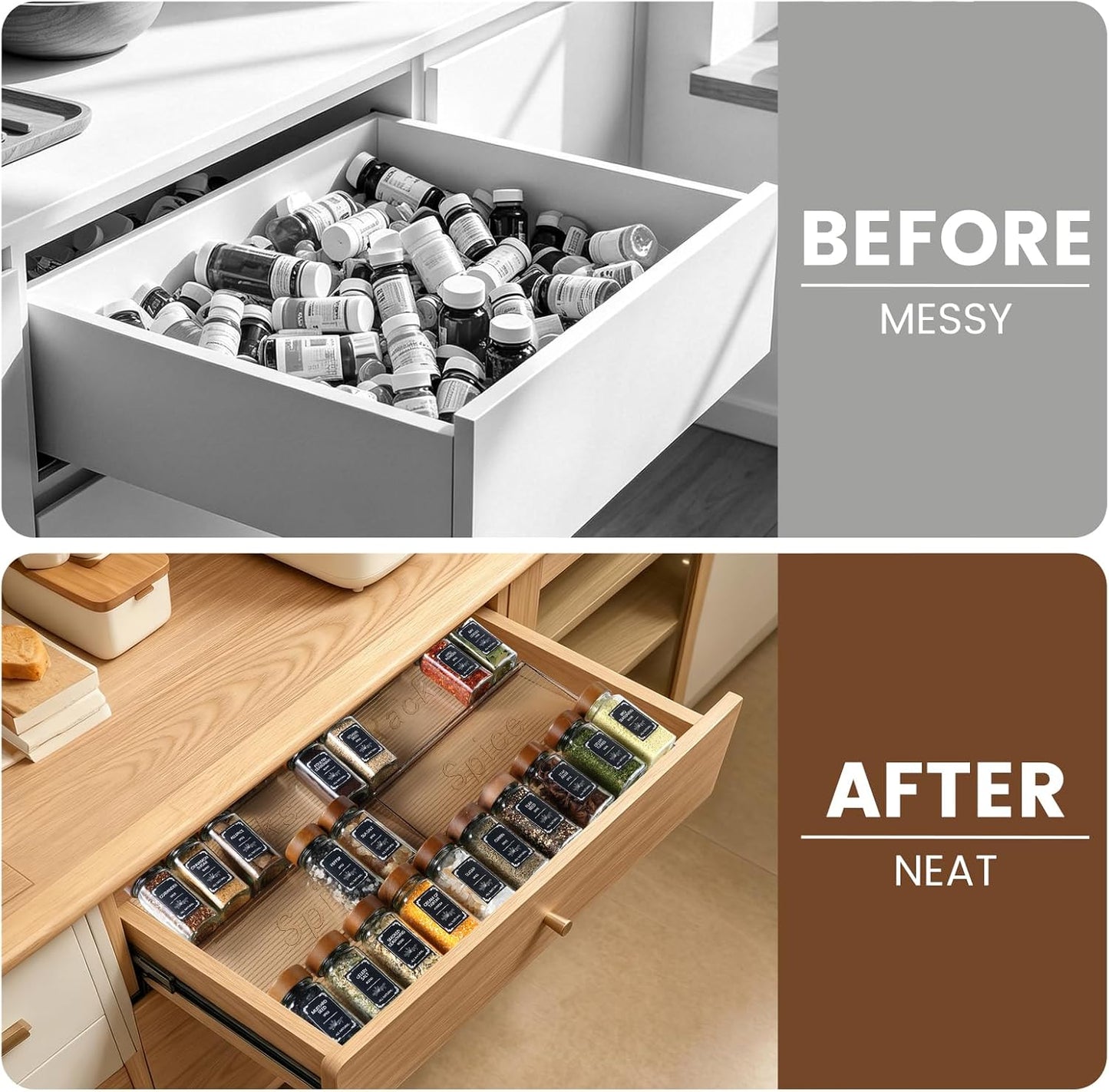 2 Pack Spice Rack with 24 Spice Jars, 4OZ Wood Lid Spice Containers with Expandable Spice Organizer Shelf, Spice Labels, Pepper Grinder Lids, Chalk Marker & Funnel Set for Drawer Kitchen Countertop