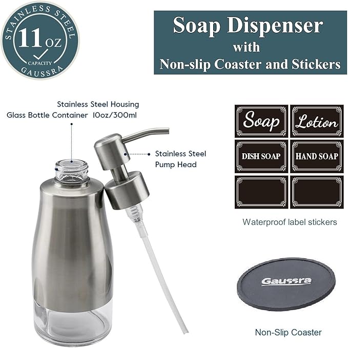 Gaussra Soap Dispenser with Coaster and Stickers, Brushed Nickel Stainless - Image 3