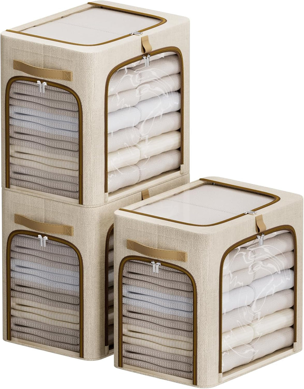 CYhom Clothes Storage Bins with Metal Frame,3 See-Through Windows Openings Cl...