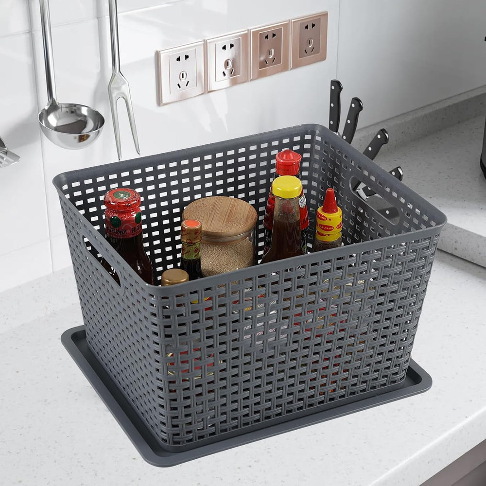 Ggbin 6-Pack Large Plastic Weave Storage Baskets Bins with Lids, Grey