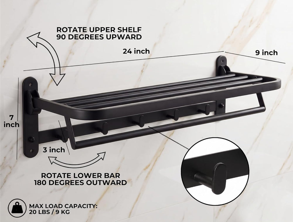 ROSHAN 24 Inch Foldable Towel Rack with Shelf, Wall Mounted, Matte Black