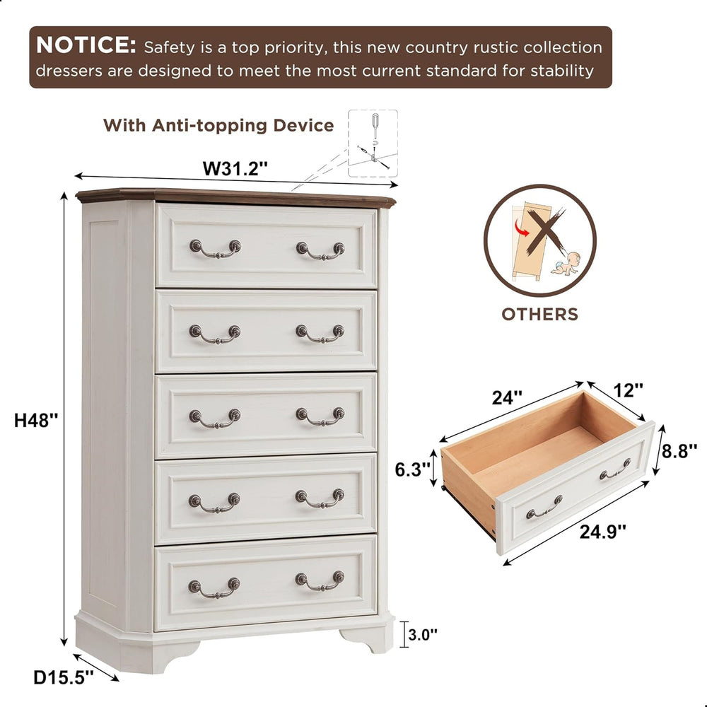 T4TREAM Farmhouse 5 Drawers Dresser for Bedroom, 48" Tall Wood Rustic Ch...