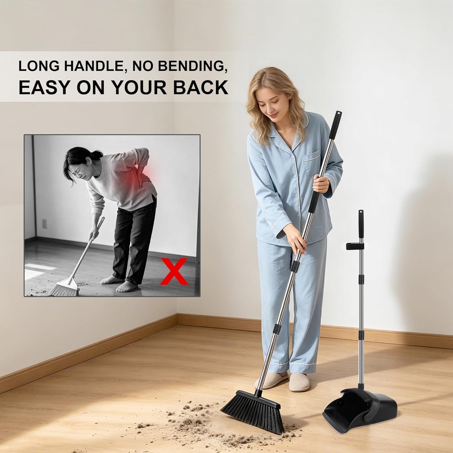 Broom and Dustpan Set 2 Pack, Upright Stand Up Broom and Dustpan Combo with Long Handles, Self-Cleaning Dustpan Teeth, Indoor Outdoor Sweeping Set for Home, Kitchen, Garage Pet Areas Black
