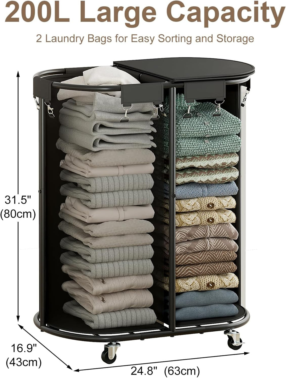 200L Double Laundry Hamper with Lid & Wheels, Oval Rolling Laundry Basket