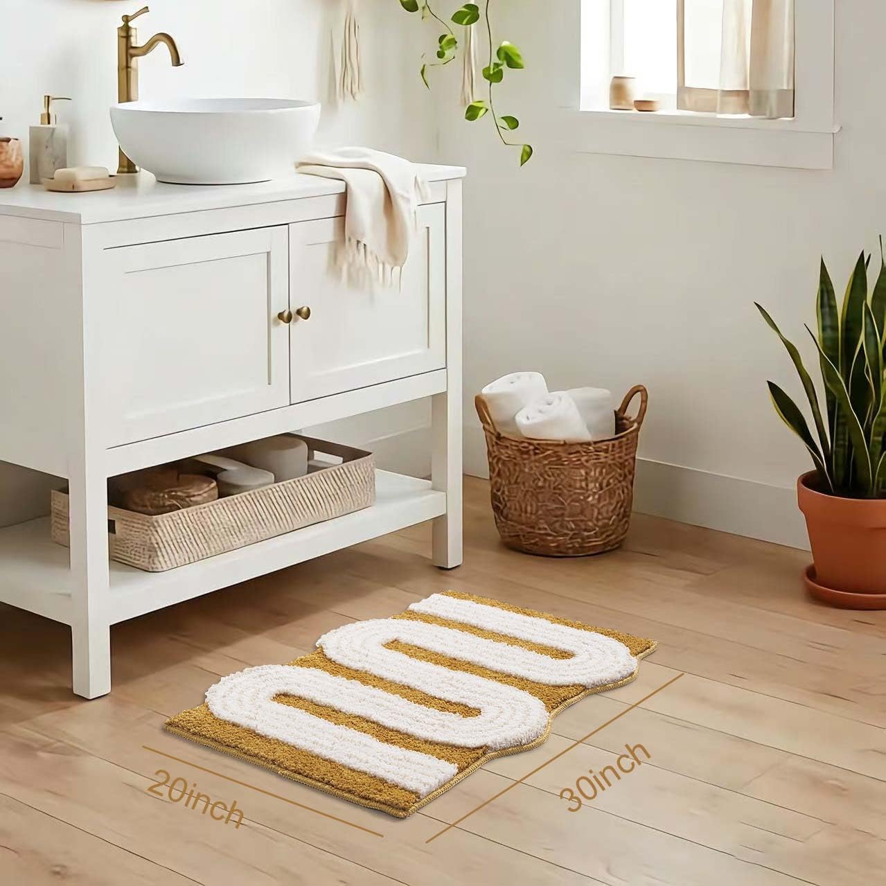 Unique Boho Bathroom Rugs, Cute Bath Mat with Funky Design, Fun Bohemian Decor for Bathroom Bedroom, Machine Washable Soft Non-Slip Bath Rug, 30" X 20", Mustard Yellow