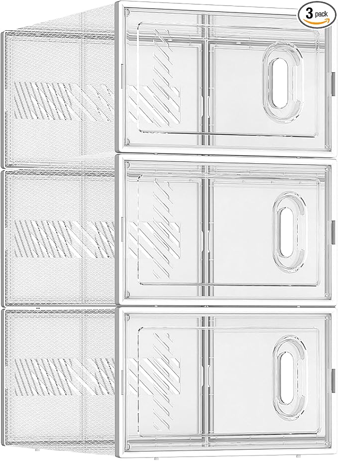 BALEINE 3 Pack Stackable Shoe Storage Boxes Fit Size 9, Thickened Clear Shoe by BALEINE