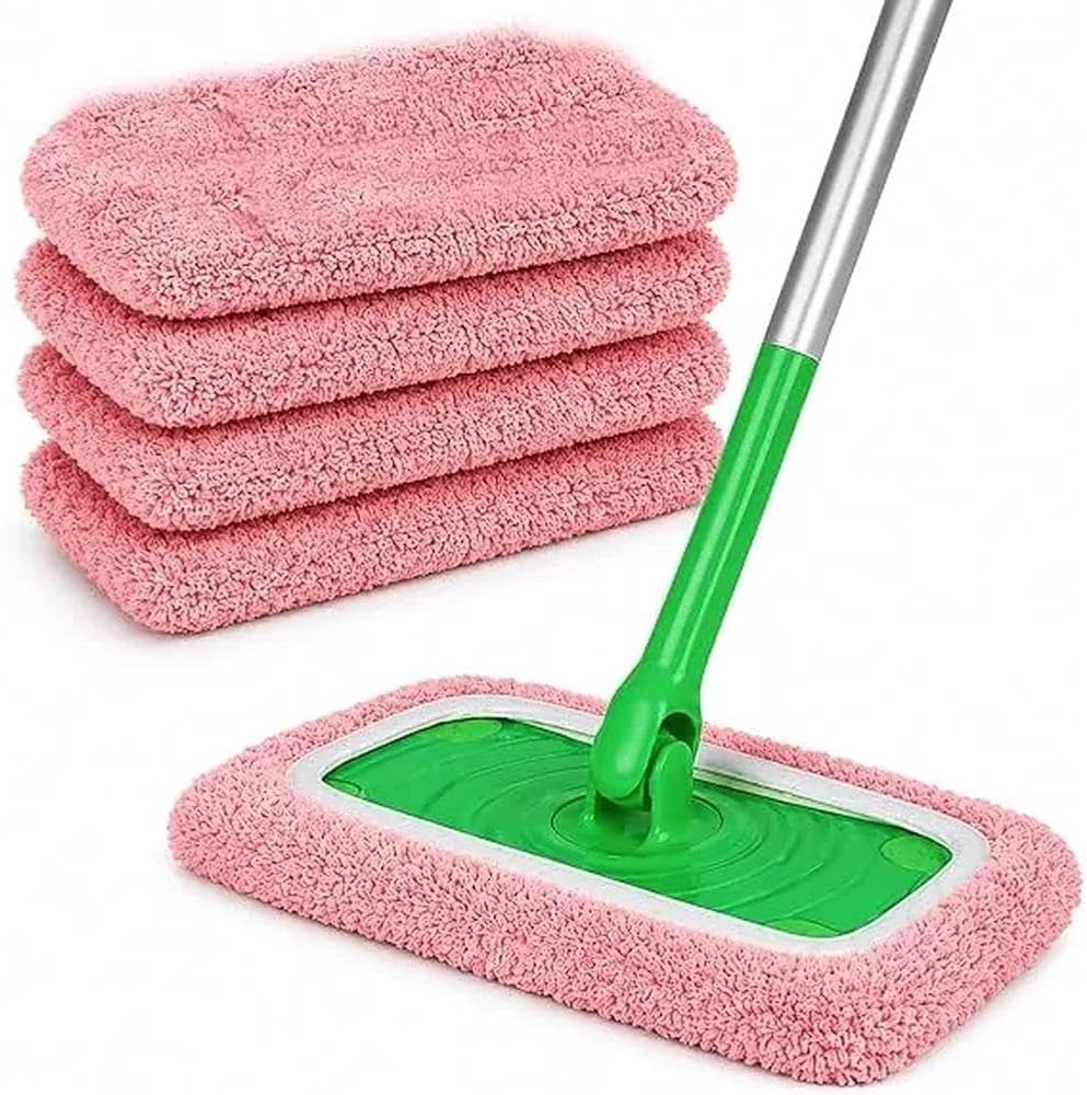 4PC Reusable Microfiber Mop Pads for Swiffer Sweeper, Washable Coral Fleece Floor Cleaning Replacement, Dual-Sided Wet & Dry Mop Cloths for Hardwood, Tile, Laminate & Pet Hair