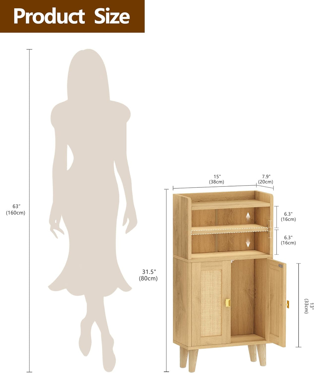 Akxomel Rattan Small Bathroom Storage Cabinet with Open Shelf 2 Doors Oak