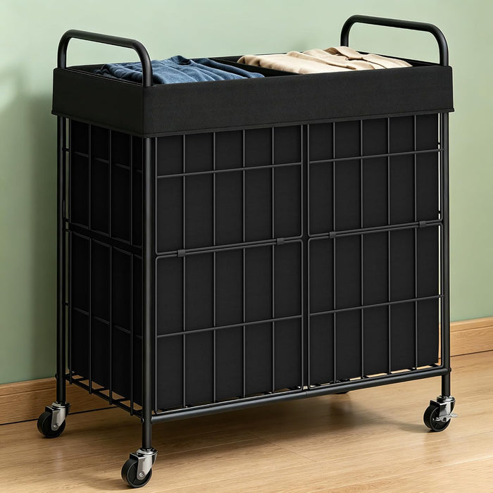 100L 2-Section Laundry Hamper with Wheels, Laundry Basket with Liner Bag