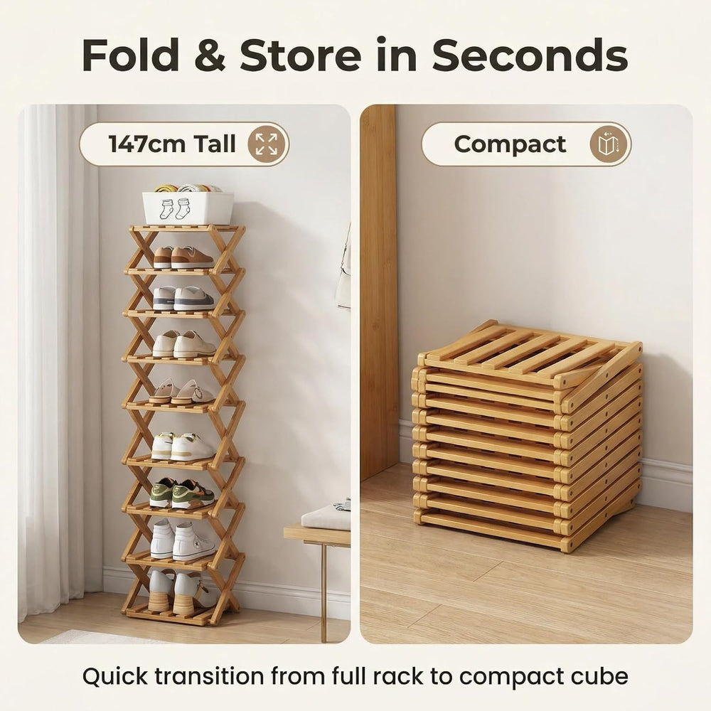 Foldable Bamboo Shoe Rack, 9-Tier No Assembly Shoe Organizer, Space-Saving Fr...