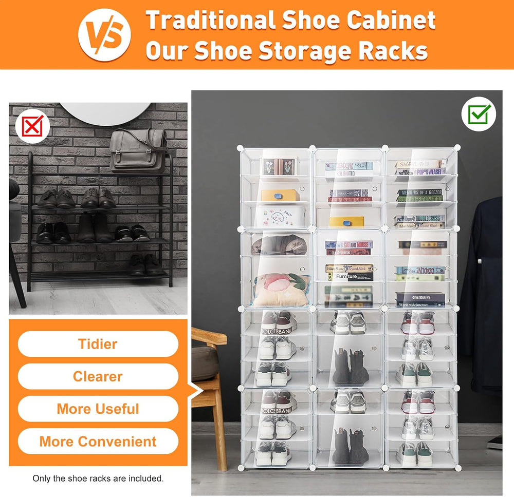 12-Tier 3-Line Dustproof Shoe Boxes 72 Pairs Clear Shoe Rack Organizer Stacka...