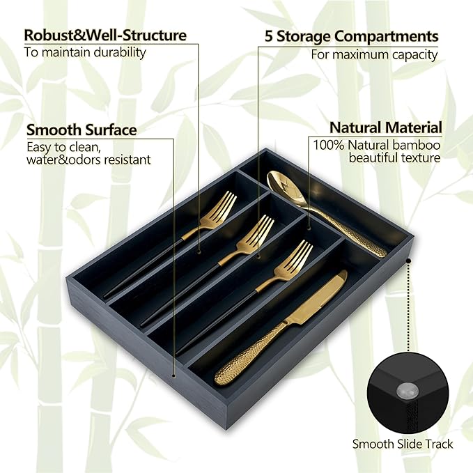 Silverware Organizer, 10 Inch Utensil Organizer Kitchen Drawer Organizer Bamboo - Image 3