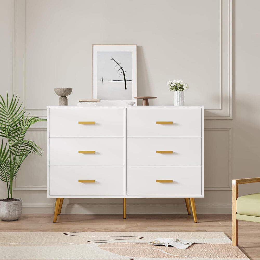 IDEALHOUSE 6 Drawer Dresser, Chest of Drawers with Gold Handles, White