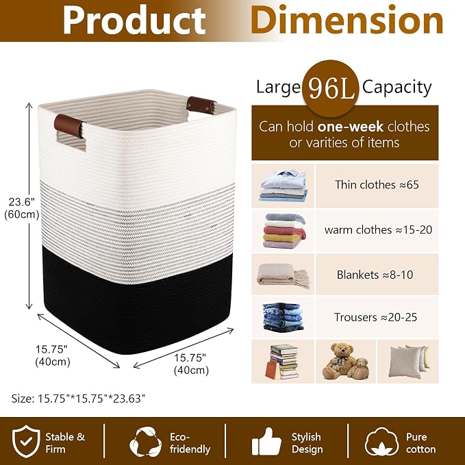 Laundry Hamper 96L Extra Large Laundry Basket, Woven Blanket Basket, Cotton - Image 4