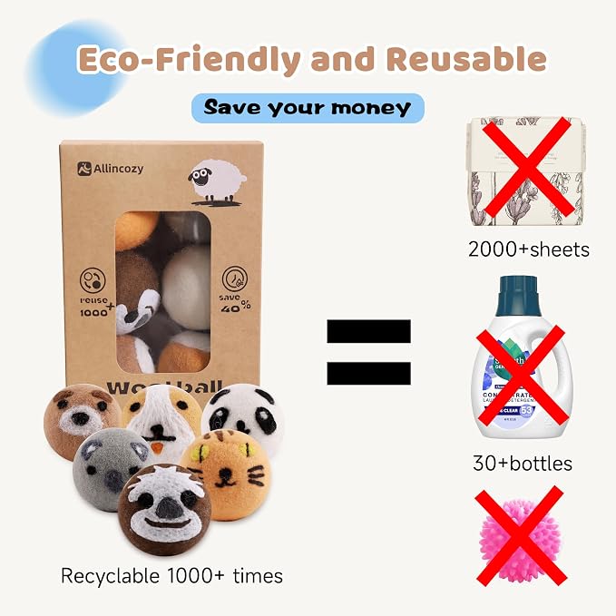 Wool Dryer Balls Laundry Reusable, Natural Eco-Friendly Fabric Softener Reduce - Image 3