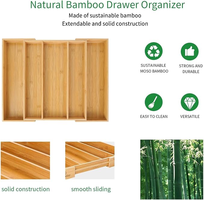 Utoplike Bamboo Expandable Kitchen Drawer Organizer, Adjustable Utensil Holder - Image 6