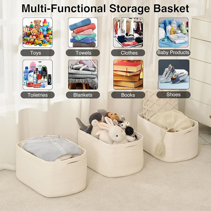 Large Storage Baskets for Organizing Shelves, Woven Cotton Rope Bins for Baby - Image 4