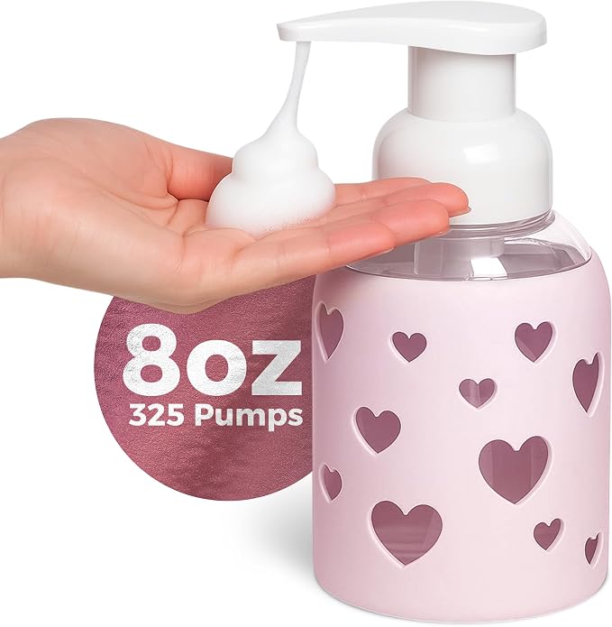 SoCal Suds & Company Glass Foaming Hand Soap Dispenser, Heart Silicone Sleeve by SoCalSudsCompany